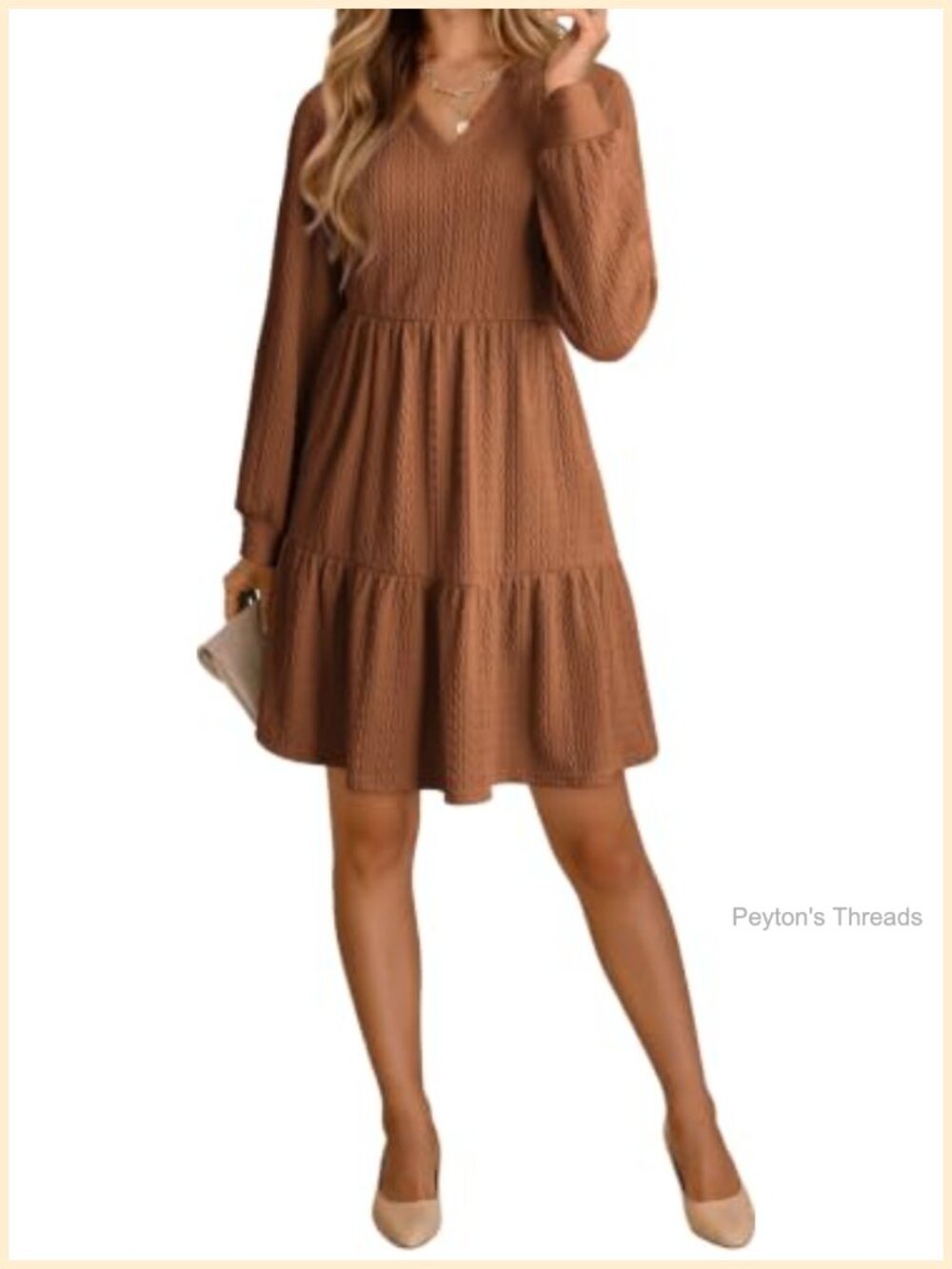 Long Sleeve V Neck Textured Babydoll Mini Dress Ruffle Hem